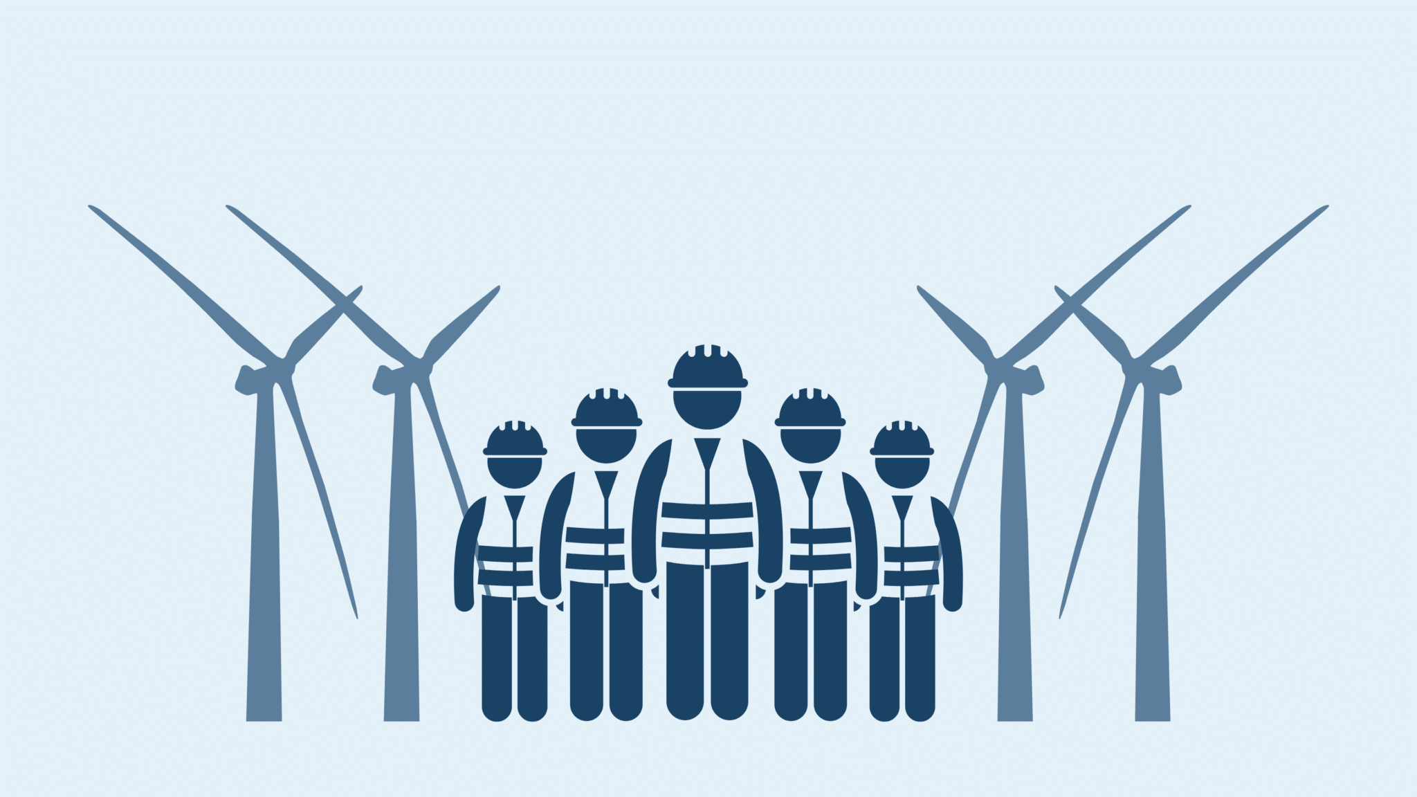a group of workers standing between two sets of two windmills