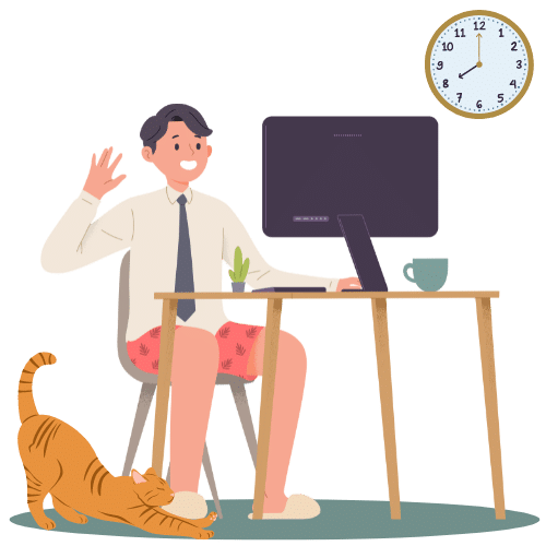 A professional working from home is caught in a humorous situation during a virtual meeting. They are dressed in business attire from the waist up, but their red pajama bottoms reveal the relaxed home environment. An orange cat adds to the comedy by playing with the pajama’s drawstrings. The scene is complete with a home office setup, including a wooden desk with a computer, and a wall clock indicating it’s 8 o’clock.