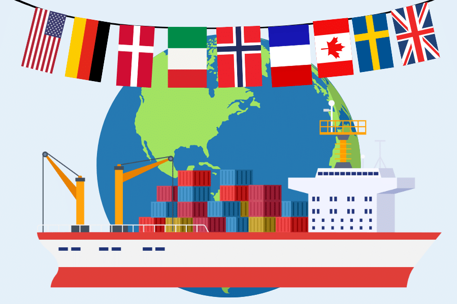 The image is an illustration of a large cargo ship loaded with colorful shipping containers. The ship is in the foreground, with two cranes on either side, one unloading containers from the ship and the other loading or unloading a container onto land. Above the ship, a series of international flags are strung together, symbolising various countries. In the background, there’s an image of the Western Hemisphere of Earth, highlighting North and South America in green.