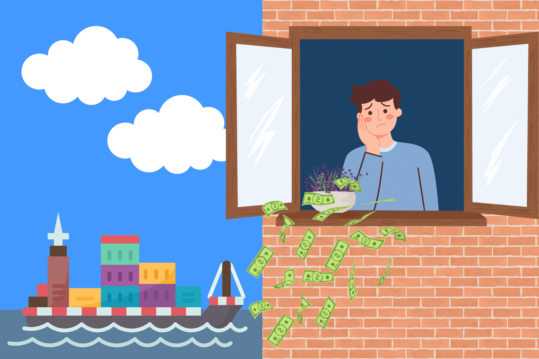 Illustration of a person with a worried face standing at an open window, out of which money is flying. The background features a cargo vessel on the water. The sky is blue with white clouds, and the wall where the window is installed is made of red bricks.