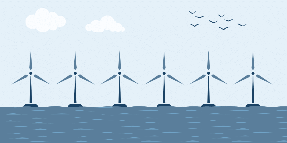 A serene illustration of six wind turbines standing in the ocean under a sky with fluffy clouds and flying birds, depicting clean energy production.