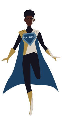 A male superhero with a breat plate that says "Payroll"