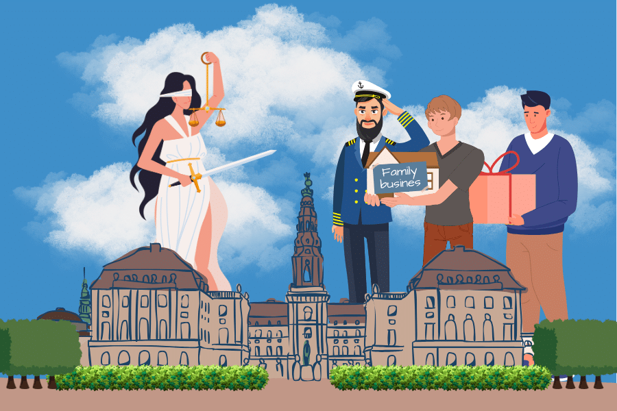 The image depicts the Danish seat of government Christiansborg castle with lady justice holding scales and a sword standing across from a sailor, a man with a building with a note on it that says "family business", and a man holding a gift.